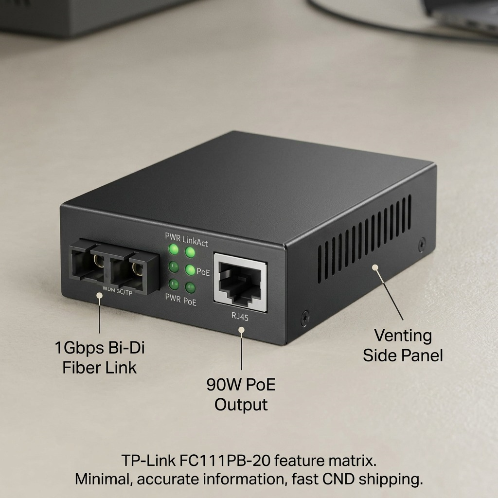A high-quality product image of the TP-Link converter with key feature labels.