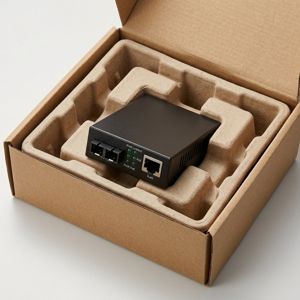 A fiber converter lies securely padded in its open shipping container.