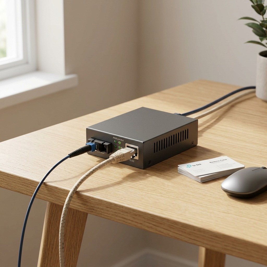 An angled overhead view. A dark grey metal TP-Link FC111PB-20 Fiber/PoE Converter, featuring distinctive front ports and LEDs, sits under a desk, connected by realistic fiber optic and brown Ethernet cables on a wood patterned floor, subtly lit with natural light.