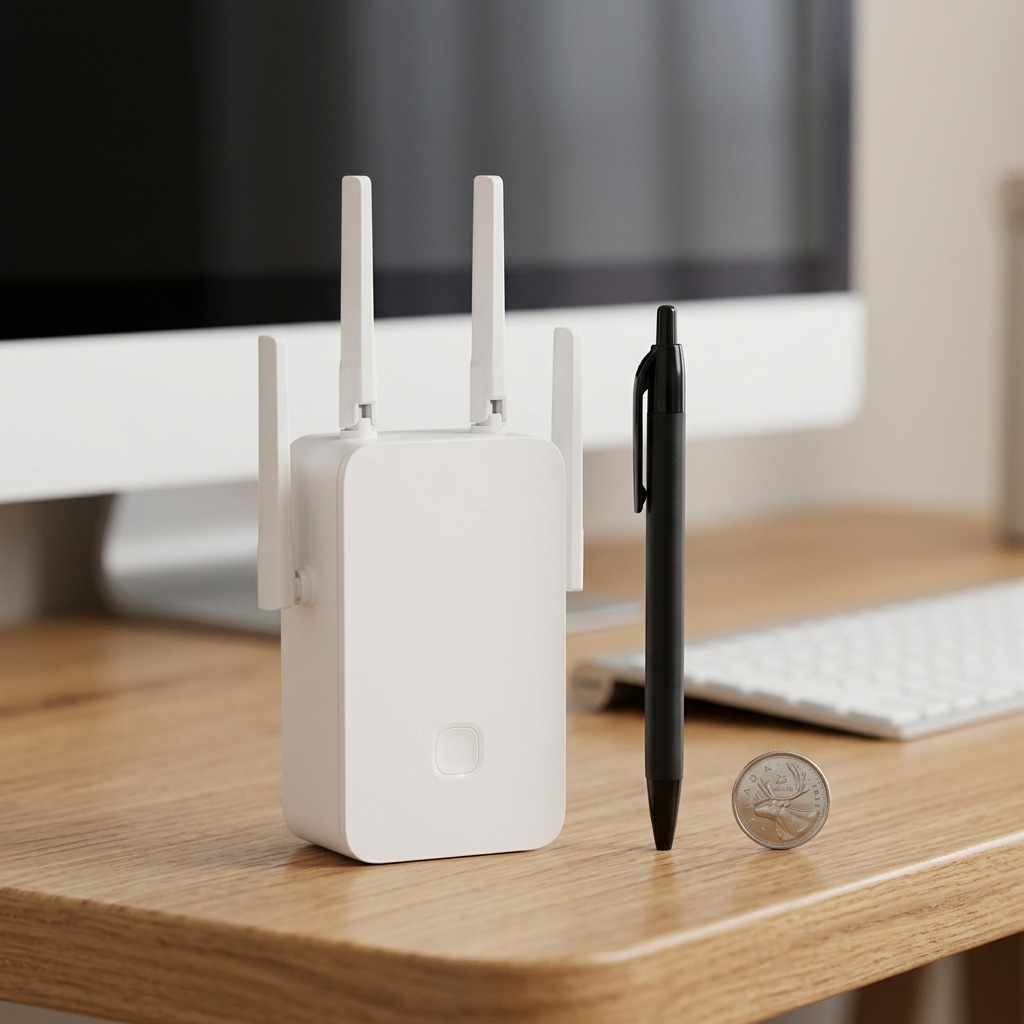 A white Wi-Fi range extender stands on a desk beside a black pen for scale.