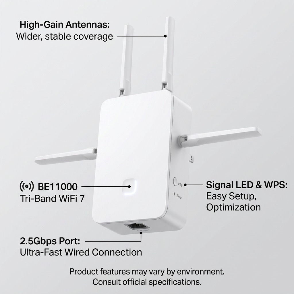 Feature callout graphic of the TP-Link RE655BE, detailing its WiFi 7 benefits and wired 2.5Gbps port.