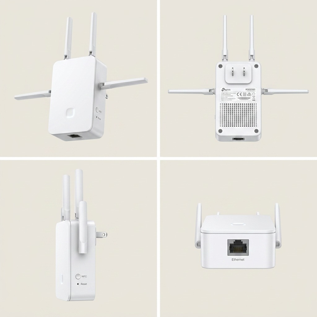 Matrix grid exhibiting the TP-Link RE655BE extender in front, back, side, and port views.