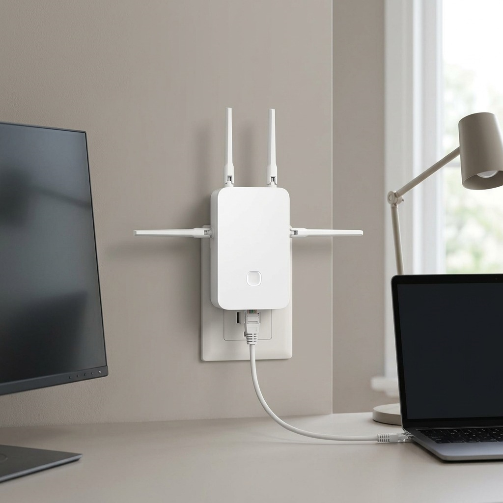 A home office lifestyle view of the TP-Link RE655BE range extender plugged into a wall outlet, connected via Ethernet to a laptop.