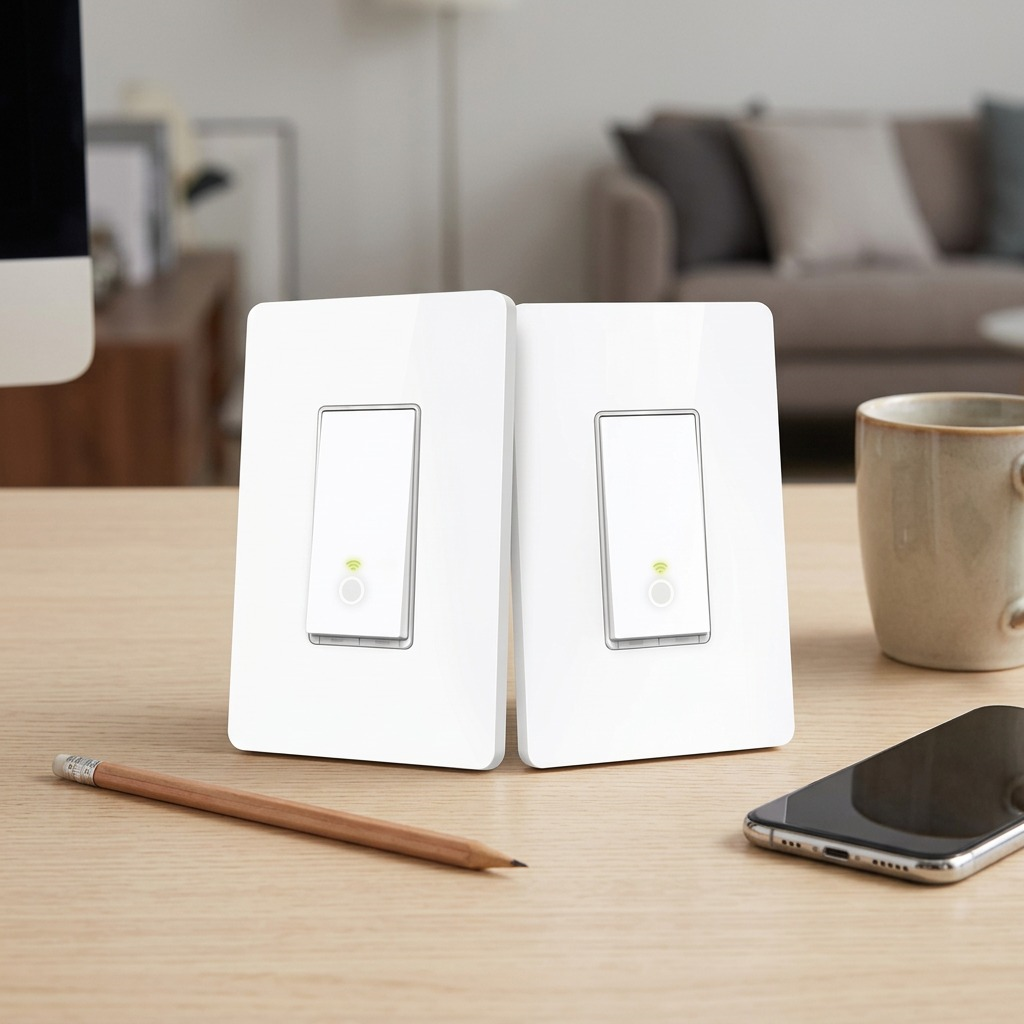 A lifestyle photo of a large smart switch near a pencil, coffee mug, and smartphone on a desk.