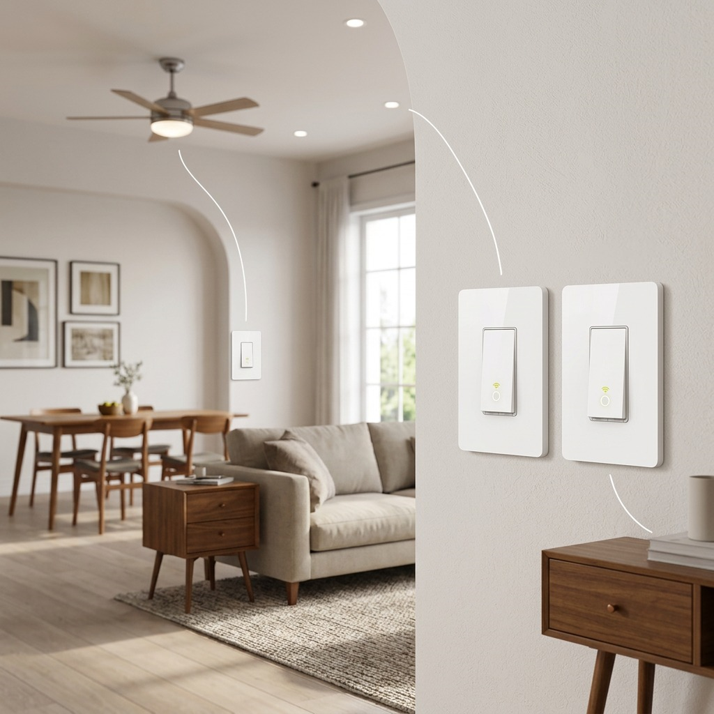 Two white TP-Link HS210 smart switches provide independent lighting or fan control in a living room.