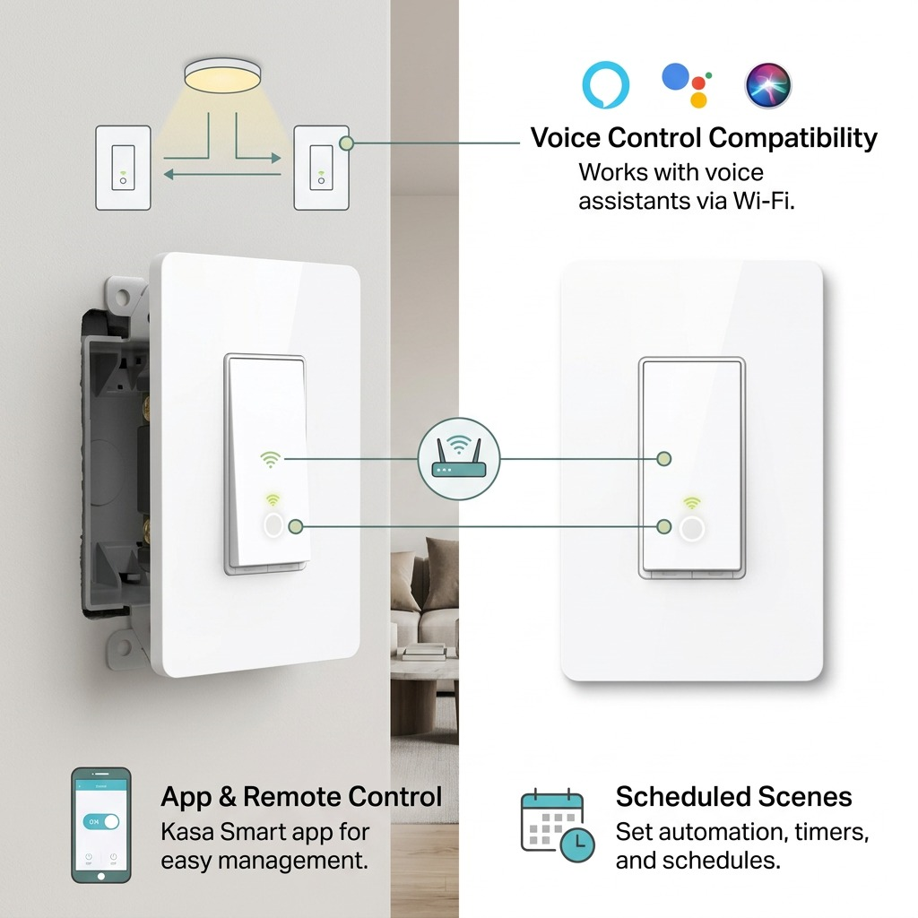 An operational feature graphic for the HS210-KIT showing app, voice control, and automation capabilities.
