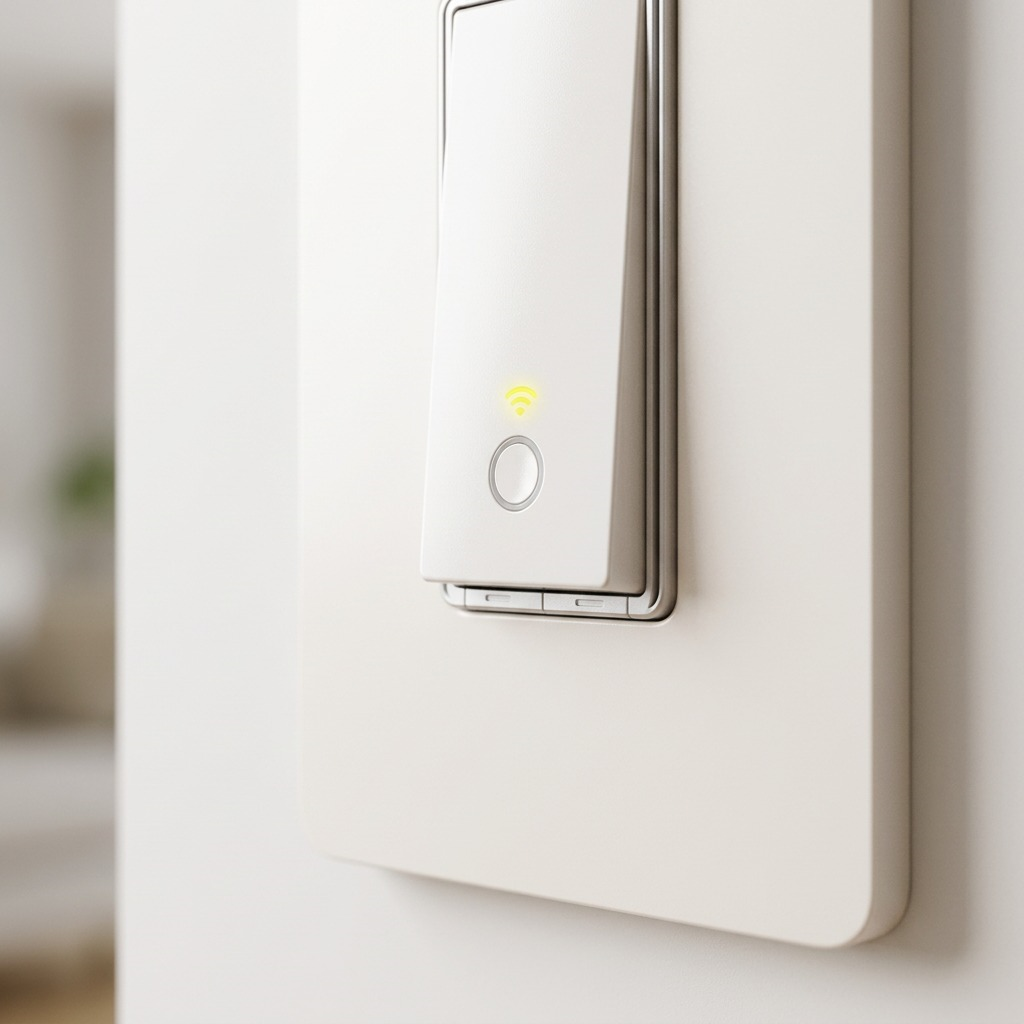 Macro photo detail of the illuminated Wi-Fi pairing button on the white Smart Wi-Fi 3-Way Switch.