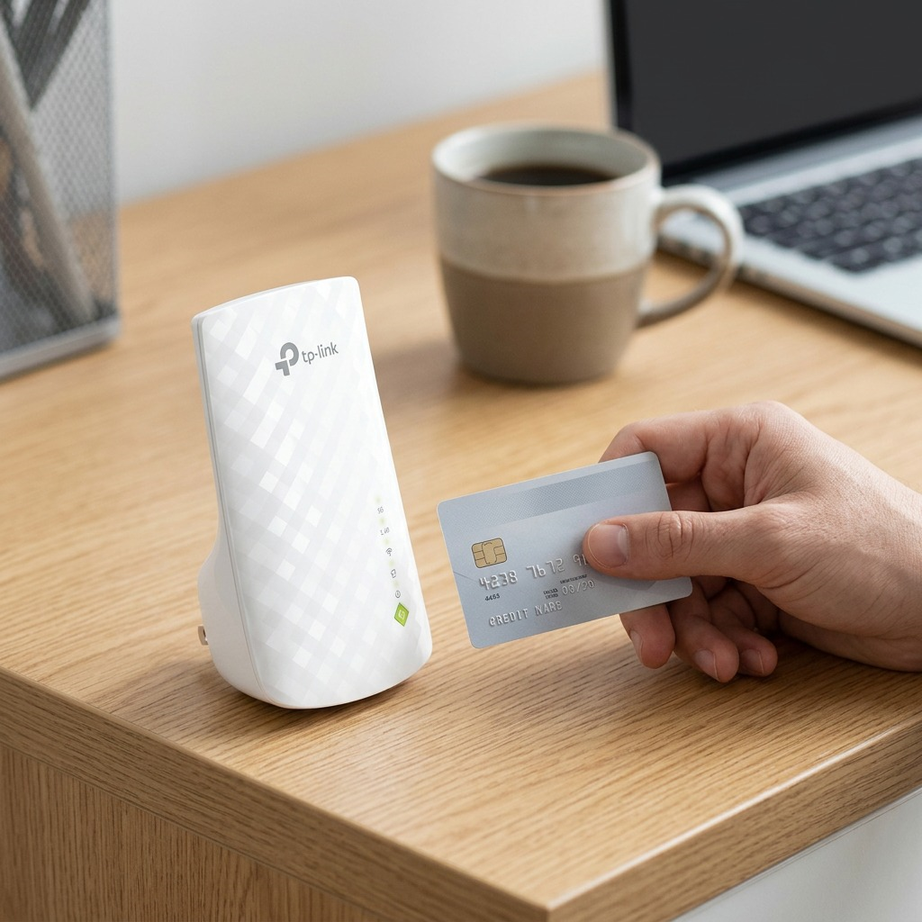 A realistic photo of the TP-Link AC750 extender beside a hand and card to show scale.