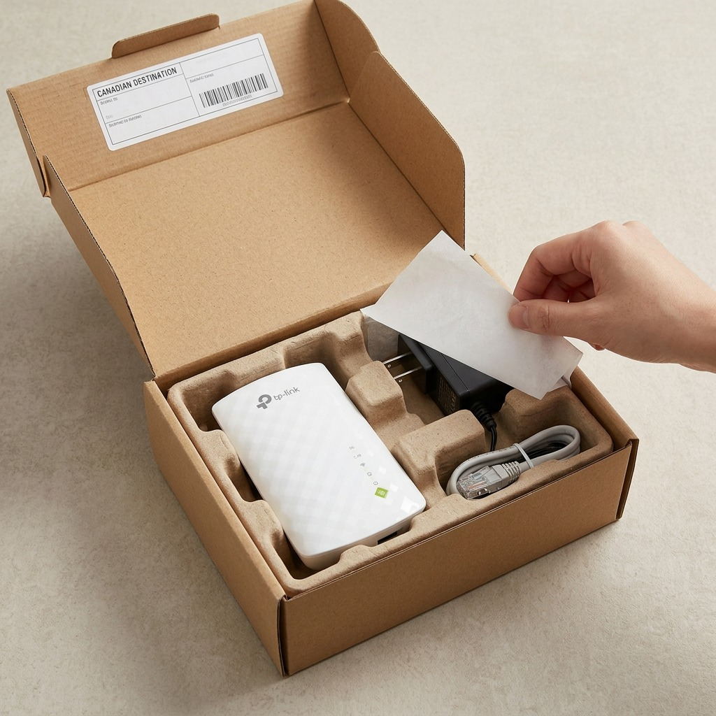 A wide-angle photo of an opened cardboard box containing the TP-Link AC750 Range Extender securely held in a custom-molded pulp tray for protective unboxing.