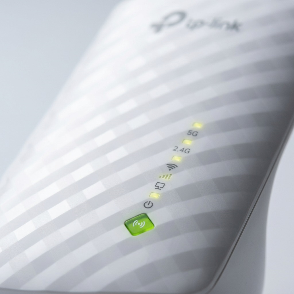 Macro close-up shot of individual LED indicator icons and the central power light button on a TP-Link range extender from image_0.png.
