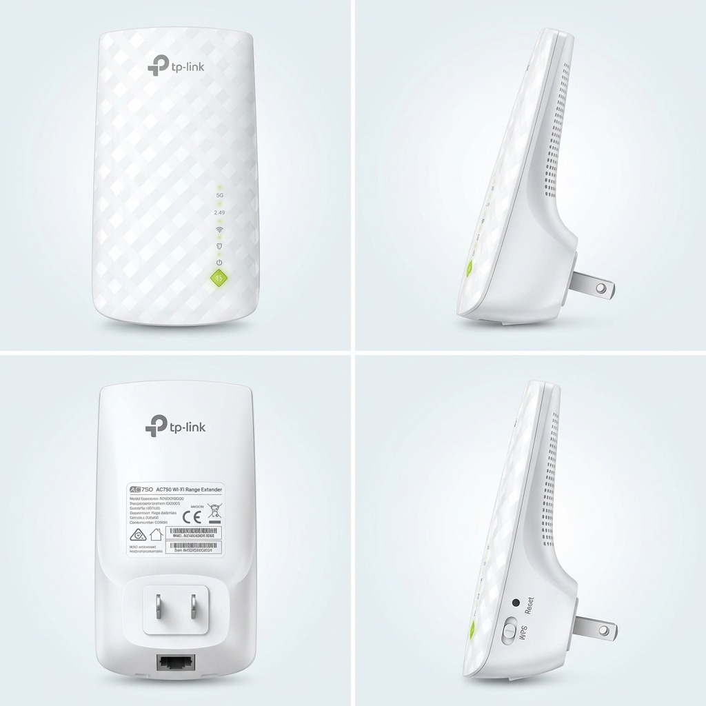 An ecommerce product visual matrix showcasing multiple angles of the TP-Link AC750 Wi-Fi Range Extender (RE220) on a grid.