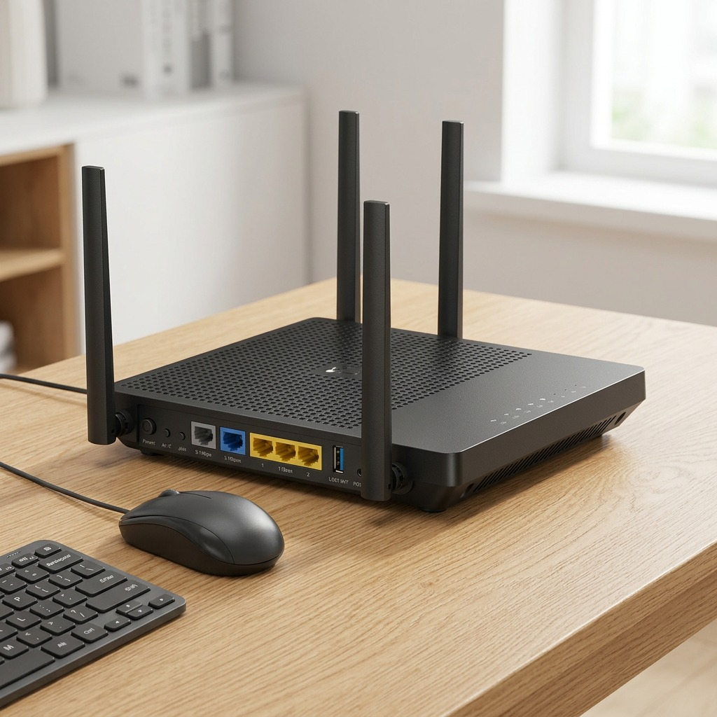 Scale comparison image: the black TP-Link BE3600 Wi-Fi 7 router sits on a light wood desk, seen relative to a standard wired computer mouse and keyboard.