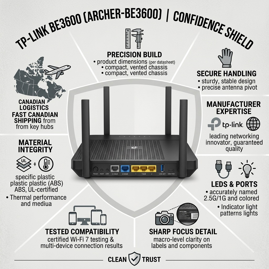 TP-Link BE3600 (Archer-BE3600) product confidence infographic with fast Canadian shipping cues.