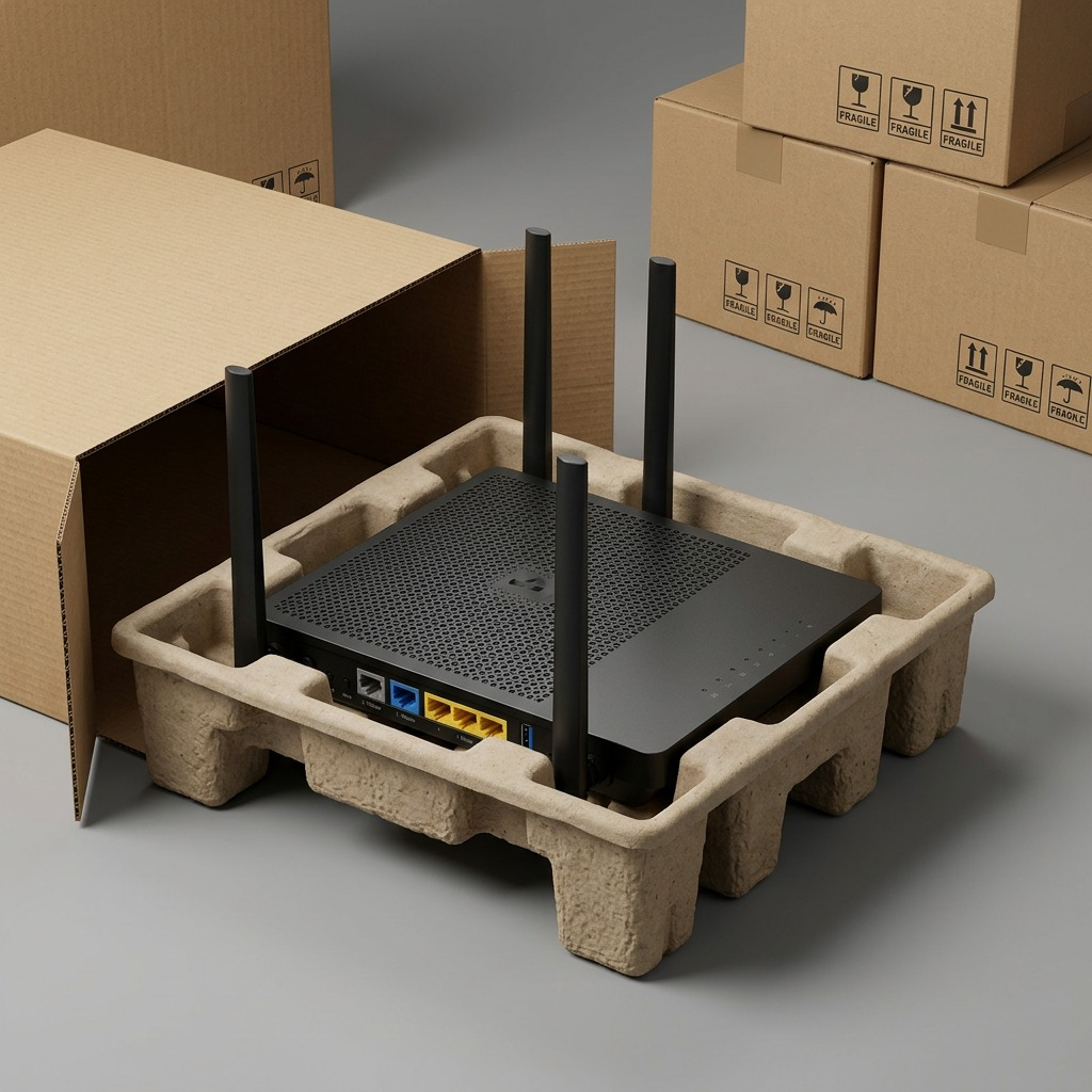 Archer BE3600 Wi-Fi 7 Router securely packaged in molded pulp, emerging from a protective box.