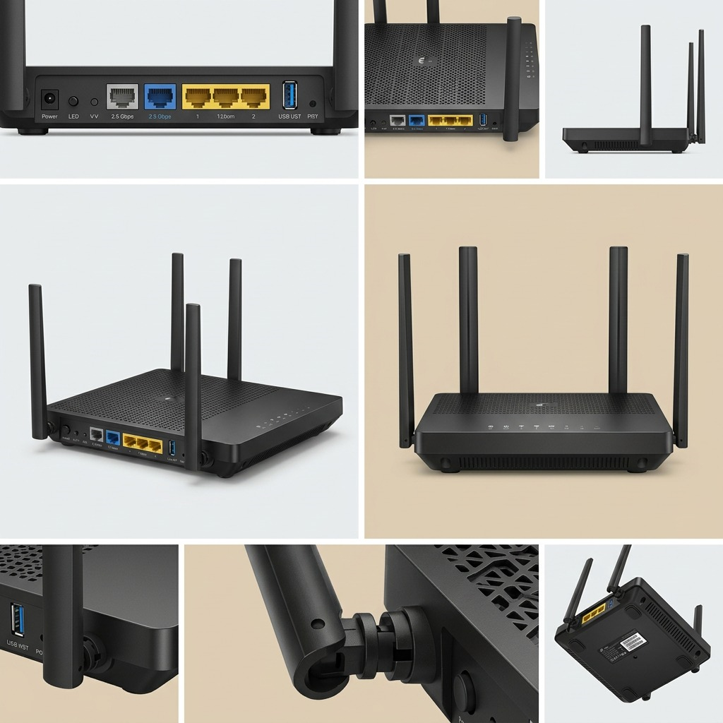 A seven-panel image matrix displaying the TP-Link BE3600 Wi-Fi 7 router from diverse angles. Panels show front, side, and rear ports views. A large vertical panel highlights features. Detailed views focus on LED status icons, ventilation, and antennae. High-resolution photos.