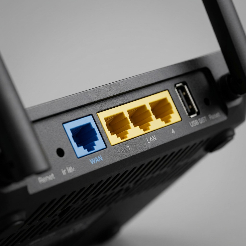 Macro photograph of the Archer-BE3600 rear ports, highlighting the color-coded WAN/LAN connectors and USB interface.