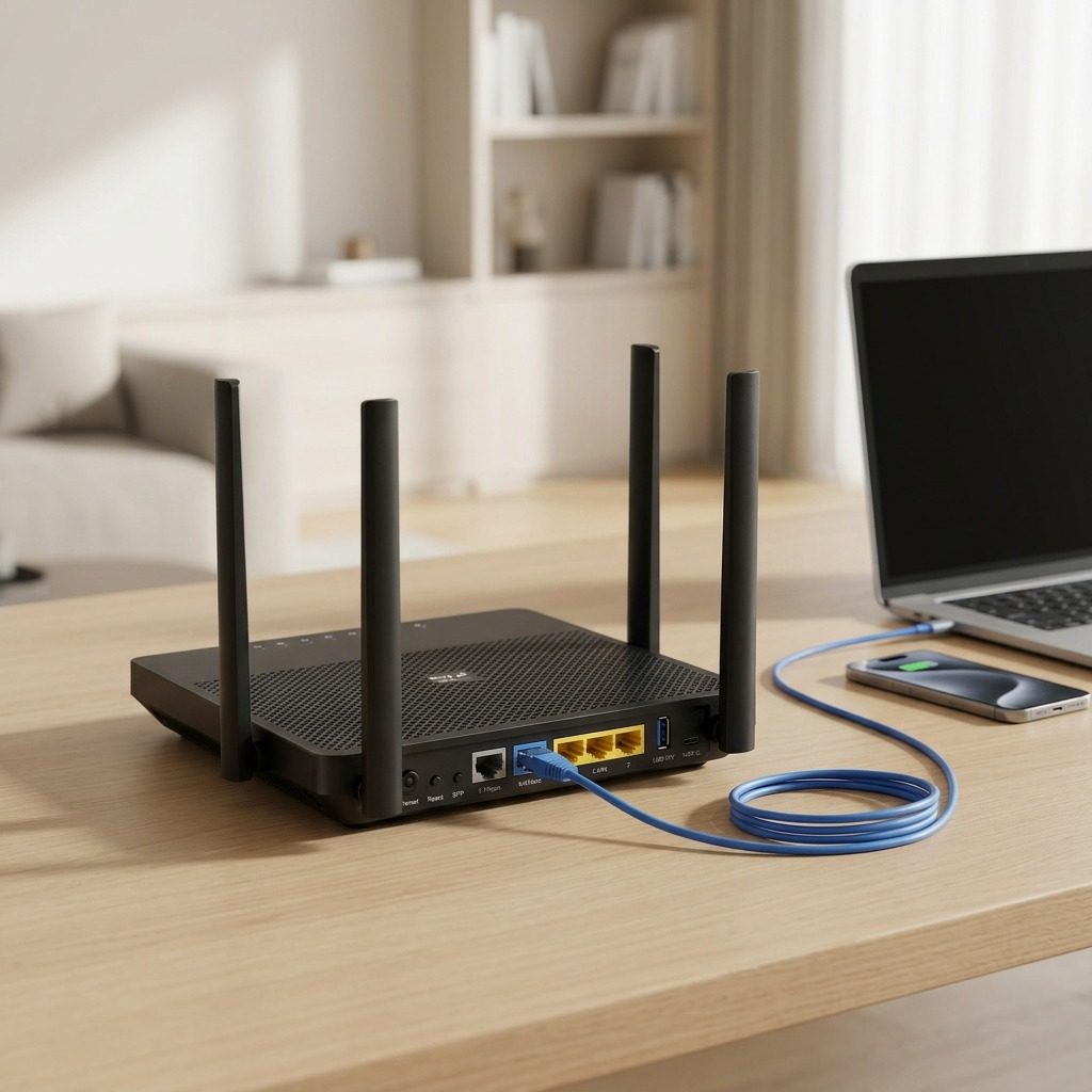 A lifelike photograph of the TP-Link Wi-Fi 7 Router in a contemporary home office environment.