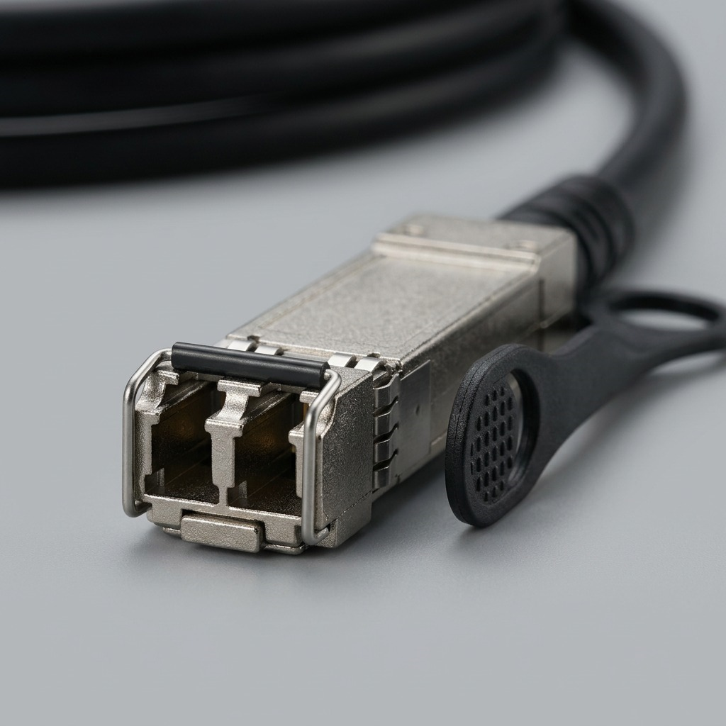 Macro photograph of the SFP+ connector tip for the TPC-Link Direct Attach Cable, showcasing the high-quality alloy and textured pull-tab.