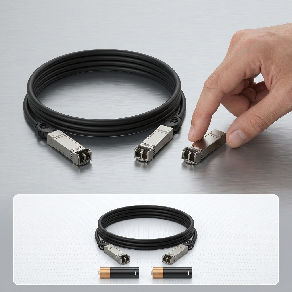 TP-Link 1M Direct Attach SFP+ Cable shown in actual size on a modern tech workbench, with an adult male hand and standard AA battery for precise scale reference.