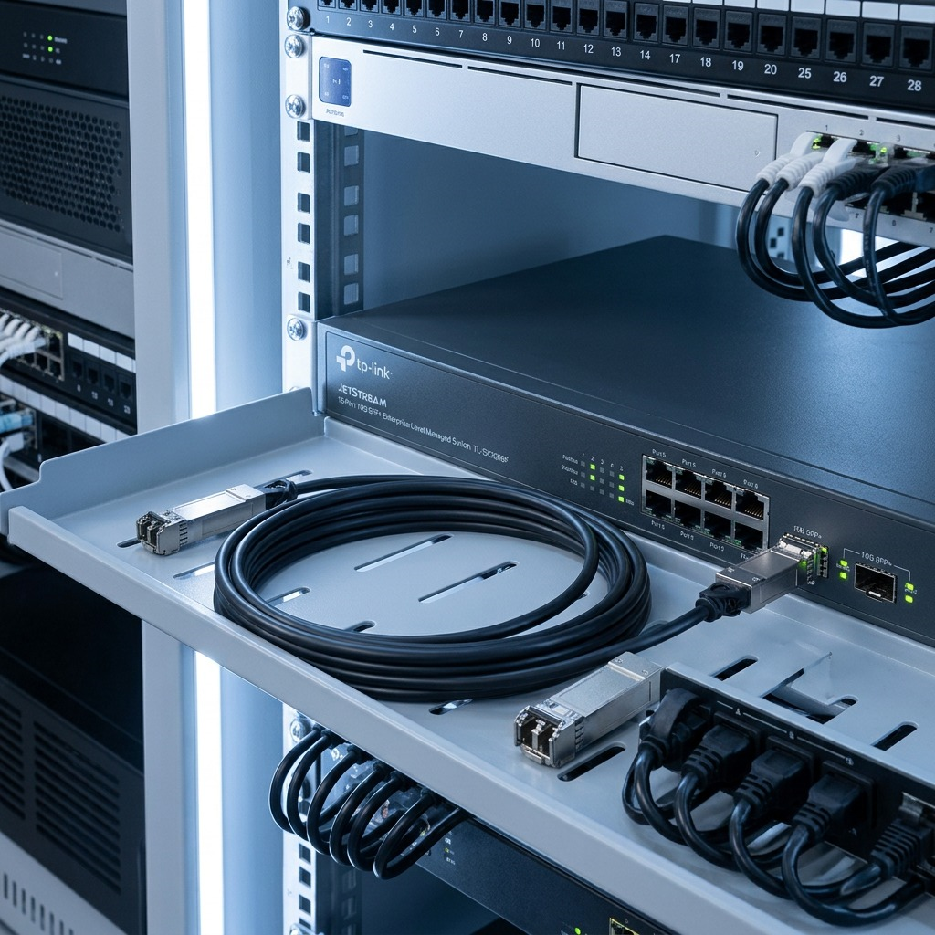 Lifestyle image showing TP-Link 1M Direct Attach SFP+ Cable connected to a switch in a rack.