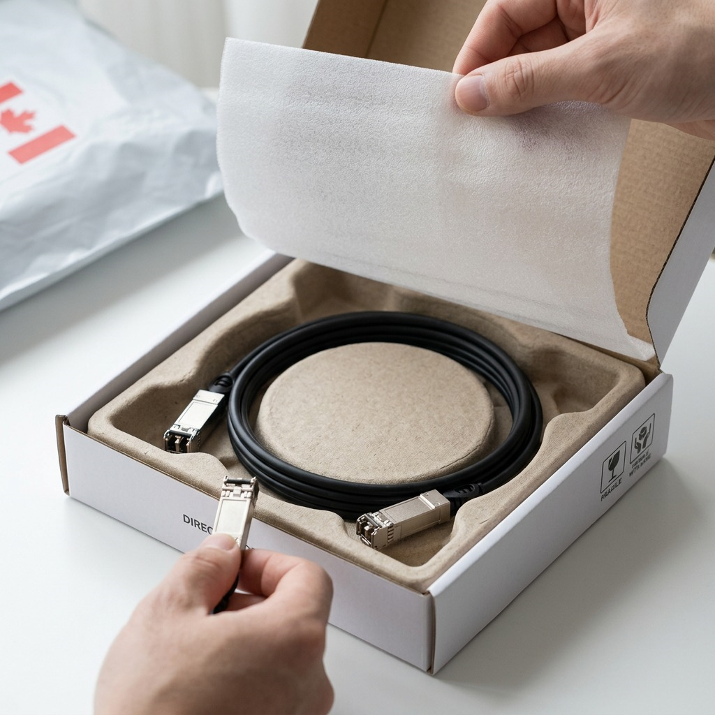 Premium close-up photo of the canonical TP-Link SFP+ DAC cable, protected by clean, neutral tissue paper in an open, sturdy white cardboard product box.