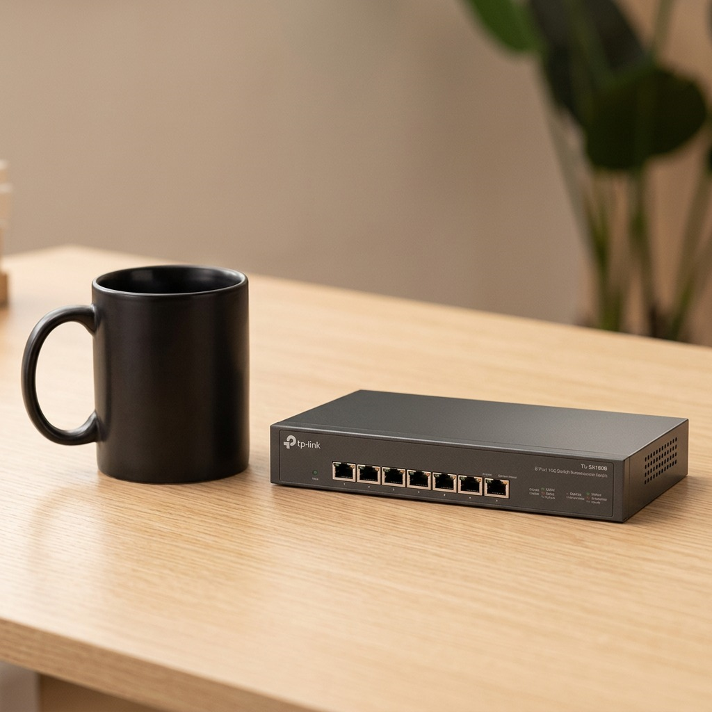 A photograph of the TP-Link 8-Port 10G switch next to a common coffee mug for scale reference.
