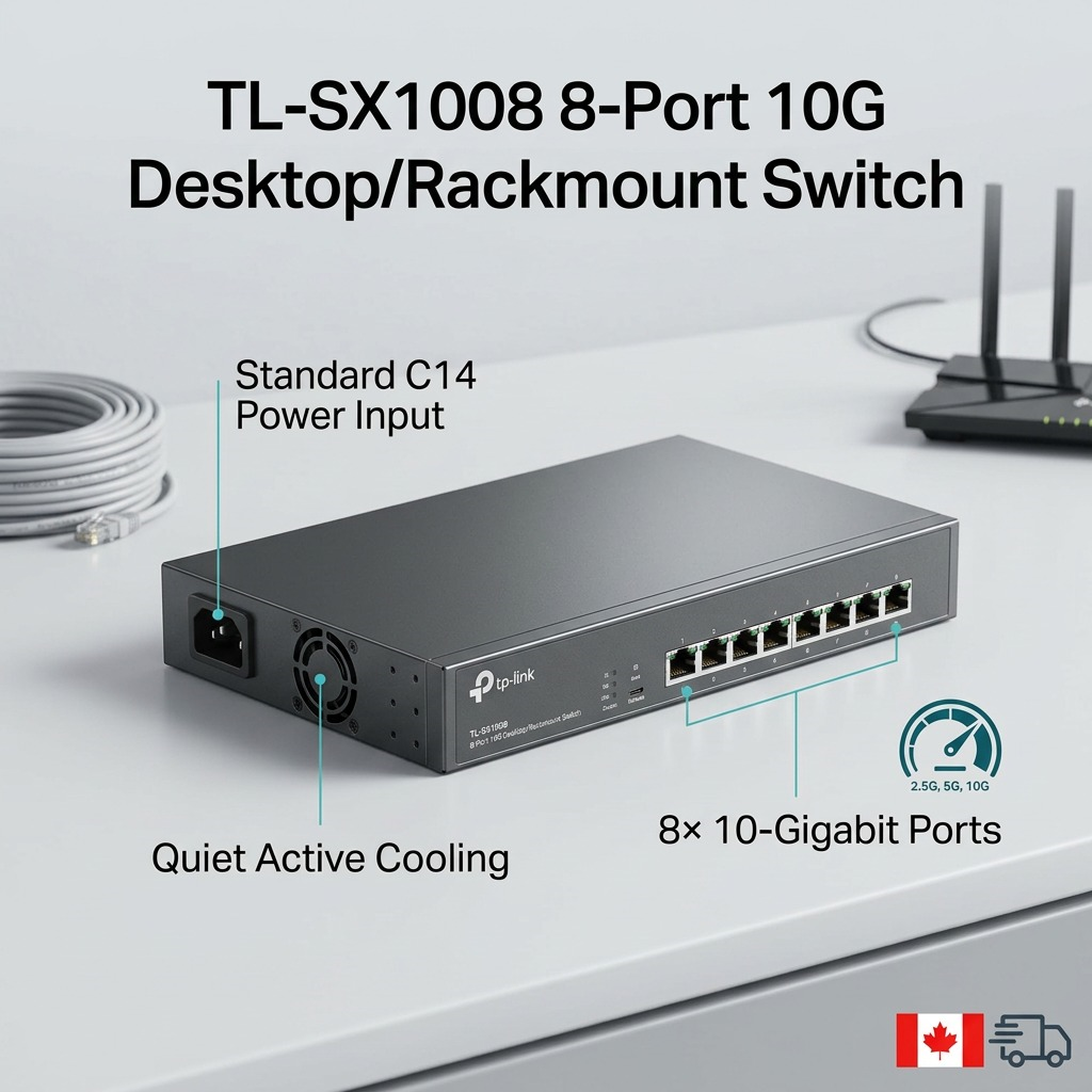 A graphic showing how the TL-SX1008 switch uses and connects, with pointers to features.