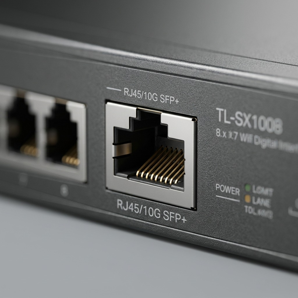 Extreme close-up of the metal housing surface and a 10G SFP+ slot.