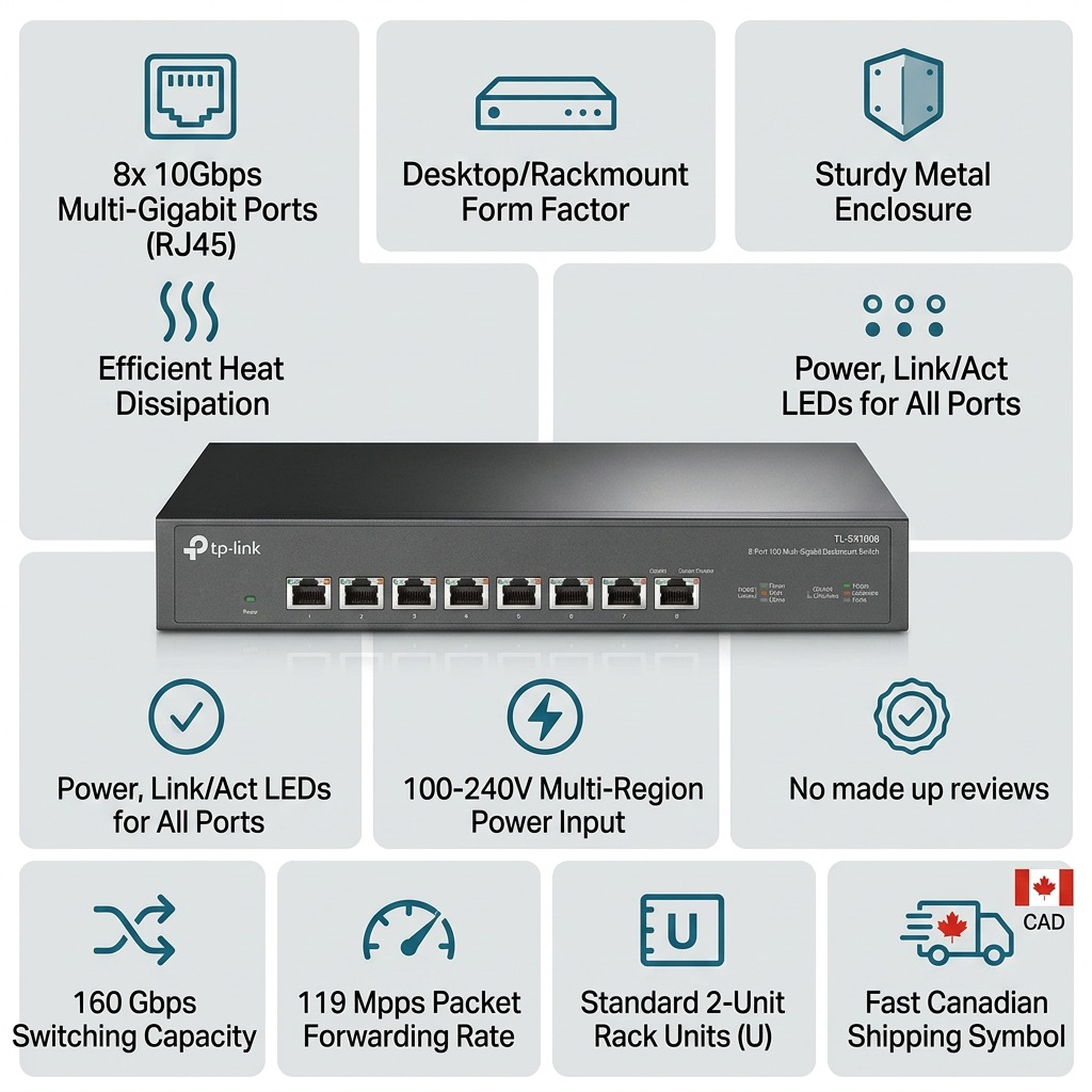 TP-Link TL-SX1008 8-Port 10G Switch infographic emphasizing reliability and Canadian shipping.
