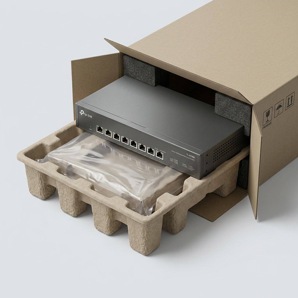 A pristine TP-Link TL-SX1008 switch lies nestled in its customized protective unboxing tray.