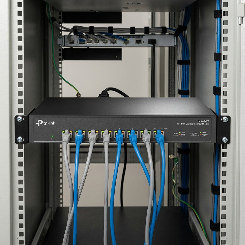 A TP-Link 8-port 10G switch mounted in a network rack with connected ethernet cables.