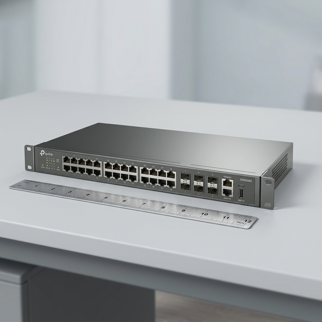 TP-Link SG5428X switch on a grey desk next to a steel 12-inch ruler for scale reference.