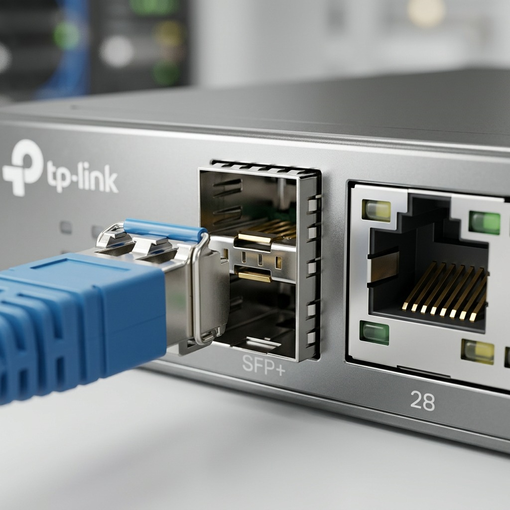 A macro photograph focuses on the detailed gold pins and shield of an SFP+ port on the TP-Link SG5428X switch.