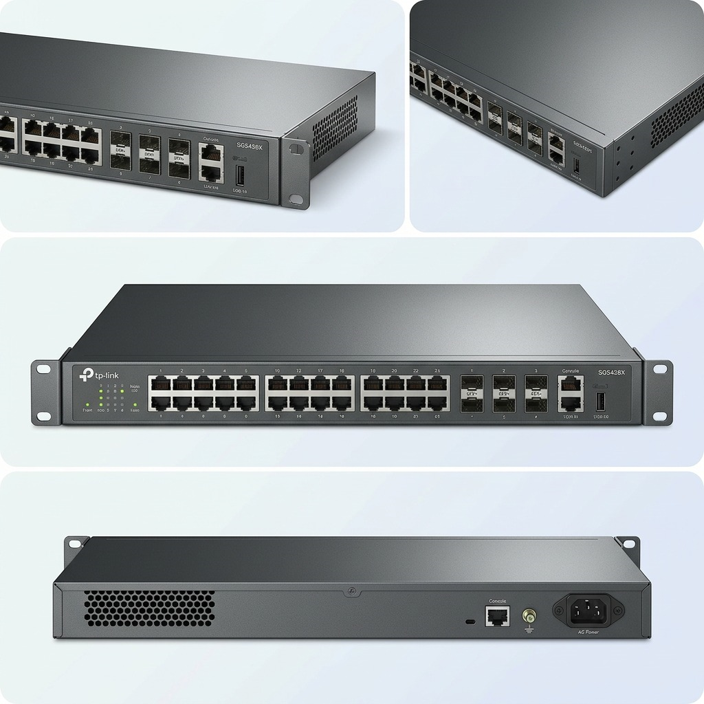 PDP visual matrix showing three different perspectives of the TP-Link SG5428X switch: front angle, detailed port view, and rear panel.