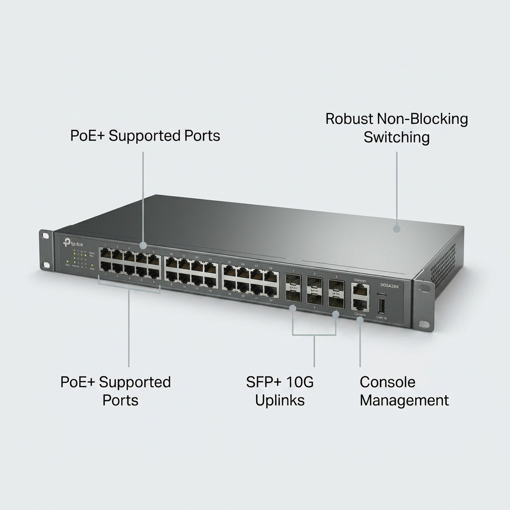 A professional feature graphic for the TP-Link SG5428X switch, highlighting key technical benefits with clean labels and pointer lines.