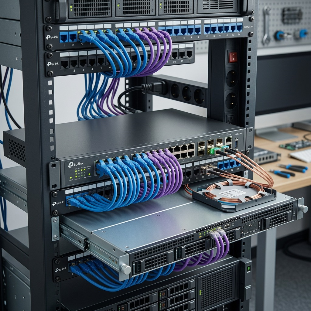 TP-Link SG5428X network switch in a clean, professional server rack with organized visual cues.