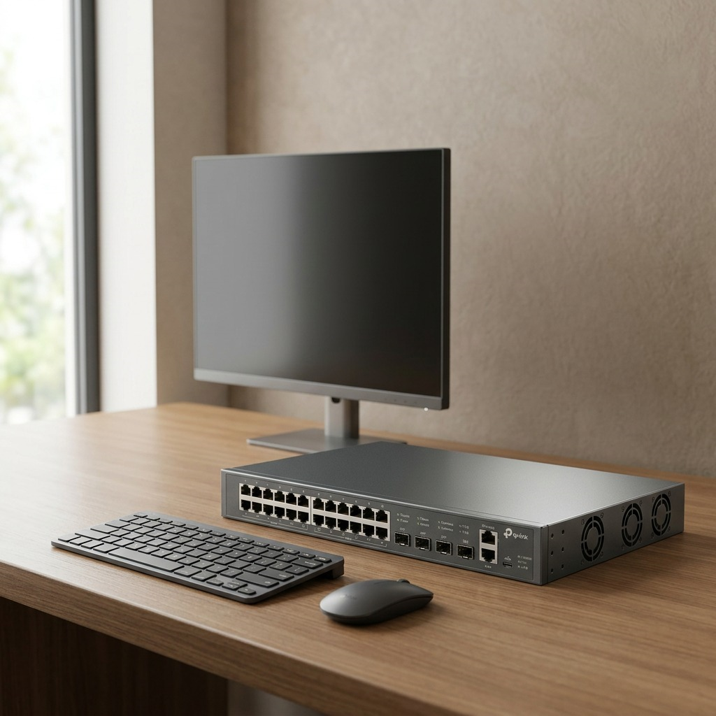 TP-Link 24-port switch shown in scale context alongside a keyboard, mouse, and monitor on a desk workstation.