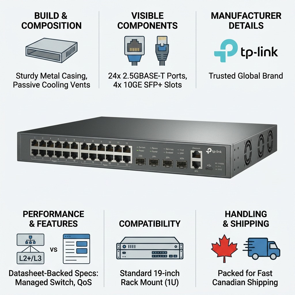 Infographic for TP-Link SG3428XPP-M2 switch with icons detailing features and fast Canadian shipping.
