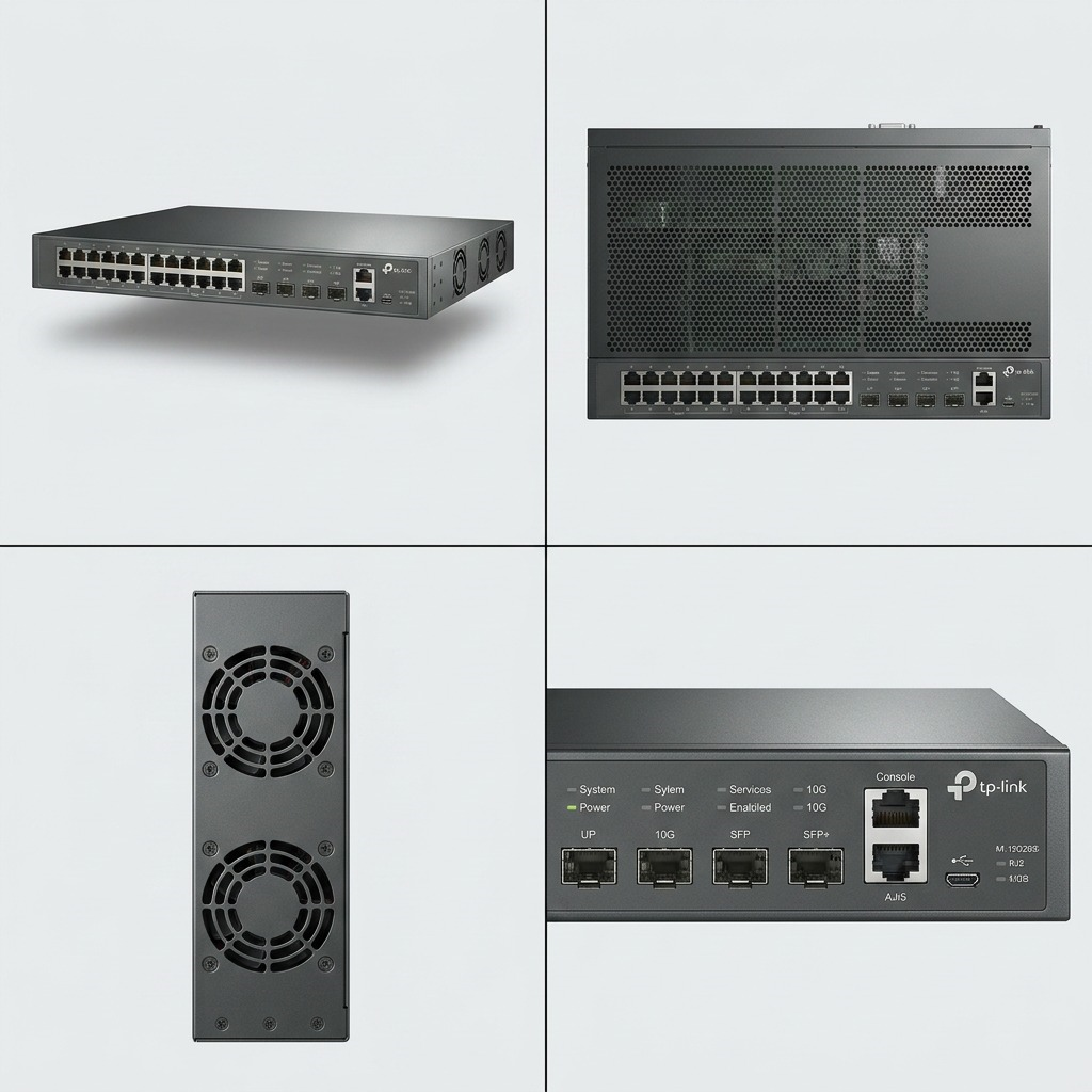 A high-resolution 2x2 grid matrix showcasing the TP-Link JetStream SG3428XPP-M2 rack switch from four distinct angles: Front, Top-Down, Rear showing power ports and fans, and a close-up of SFP+ ports. Each panel maintains product accuracy and uses clean, neutral lighting.