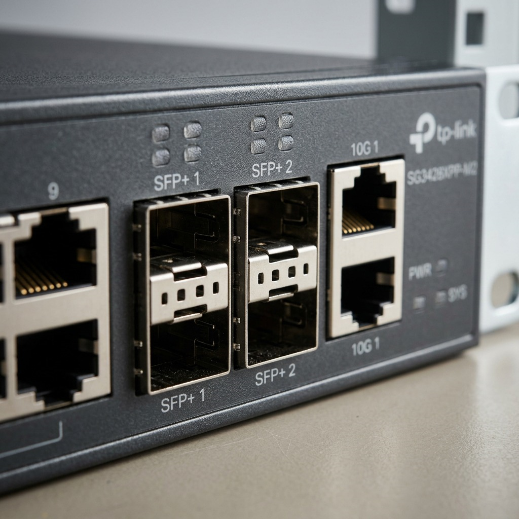 Macro inspection of the TP-Link switch highlighting precision-fit SFP+ modules and metal chassis texture.