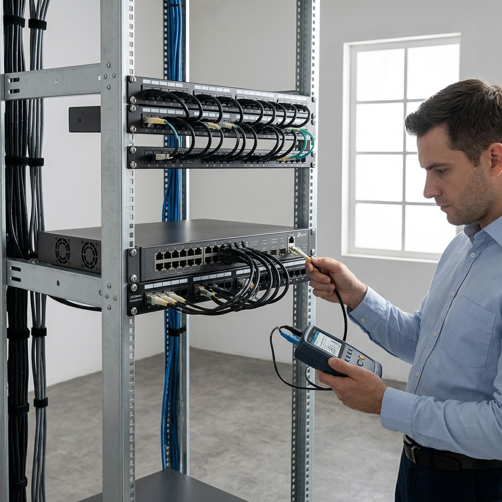 A realistic lifestyle shot of the TP-Link managed switch mounted in a network rack being tested by a technician.