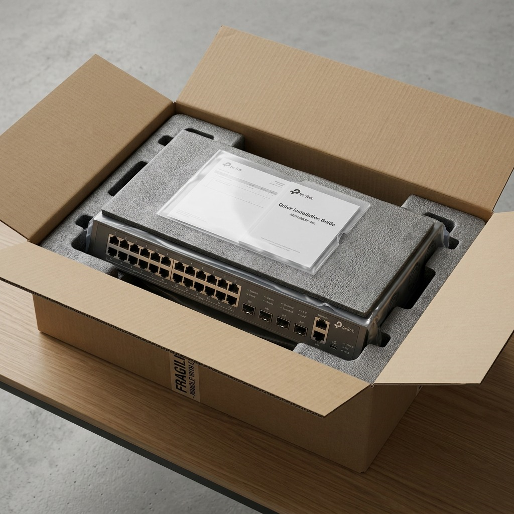 Unboxing the TP-Link 24-Port Managed Switch, protected by custom foam inserts.