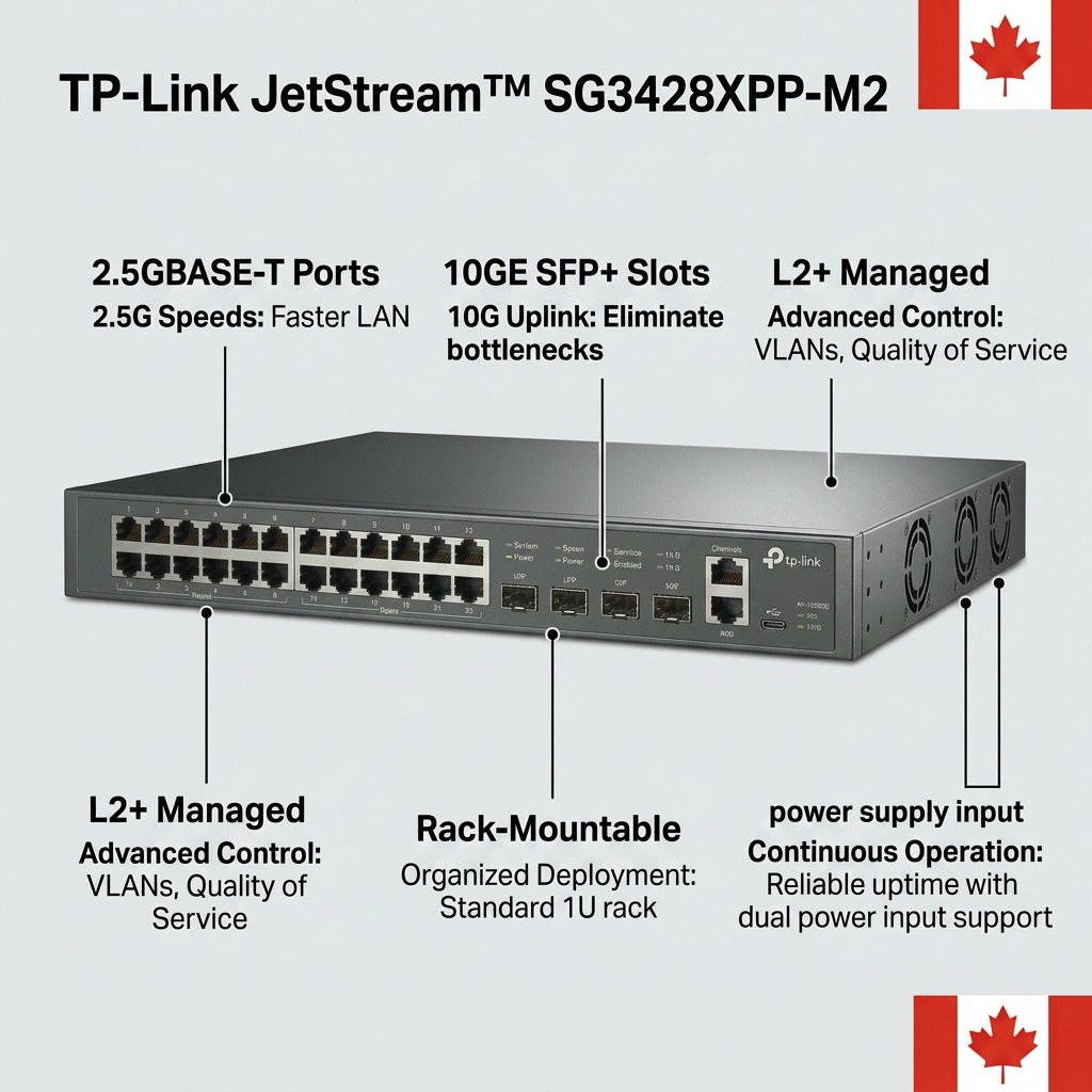 A visual summary of the operational benefits of the SG3428XPP-M2 switch for Canada.