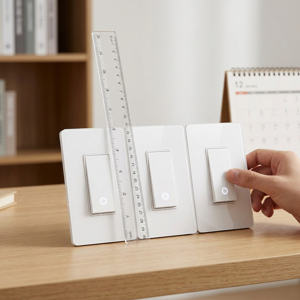 Light switches with hand and ruler for true size reference.