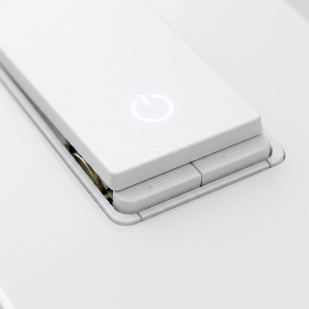 Extreme close-up of the smart switch control panel, highlighting precision texture and illuminated icon.