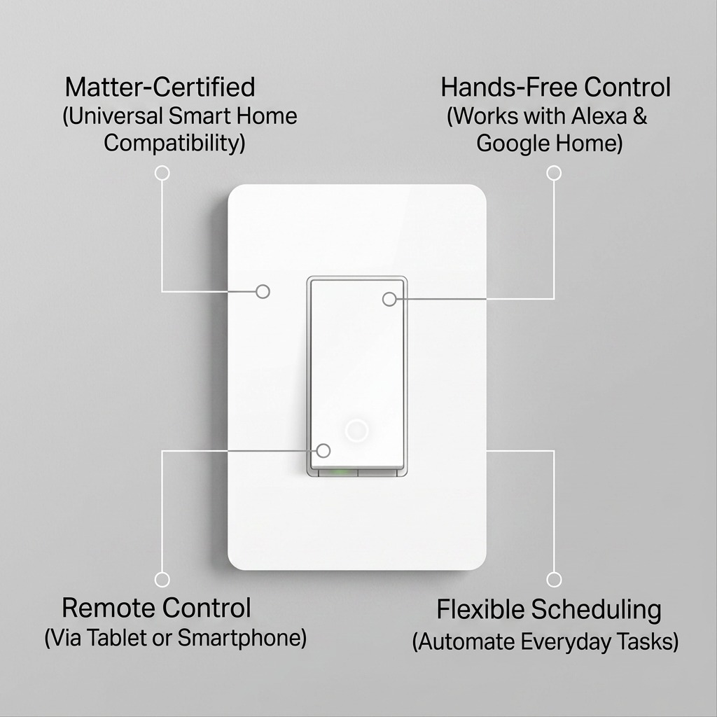 A feature matrix graphic showing a Matter smart light switch with calls indicating Matter certification, voice/app control, scheduling, and remote access.