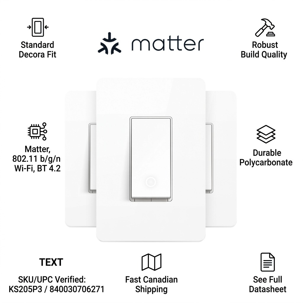 Infographic for 'Matter' light switch showing technical specs, durability, and fast Canadian shipping.