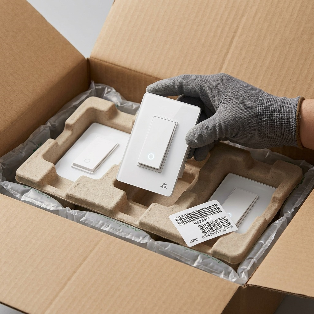A three-pack of TP-Link KS205P3 smart switches is securely nested in internal, moulded pulp packaging inside a shipping box.