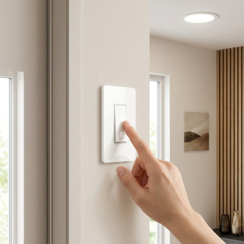 A hand presses the TP-Link Matter smart light switch on a wall in a modern room with natural light.