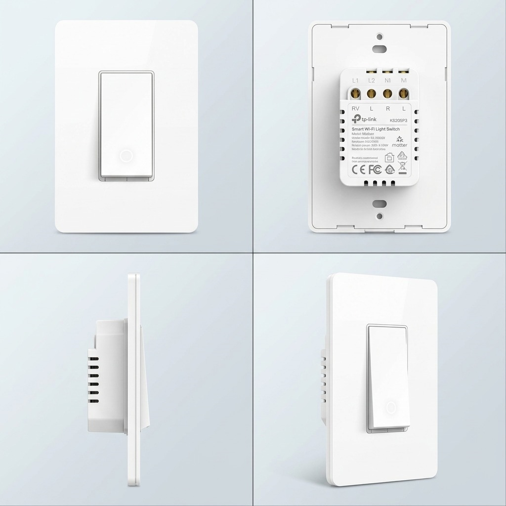 A 2x2 grid matrix showing the single-pole smart light switch from image_0.png in front, single-gang rear, side profile, and 3/4 front views for configuration reference.